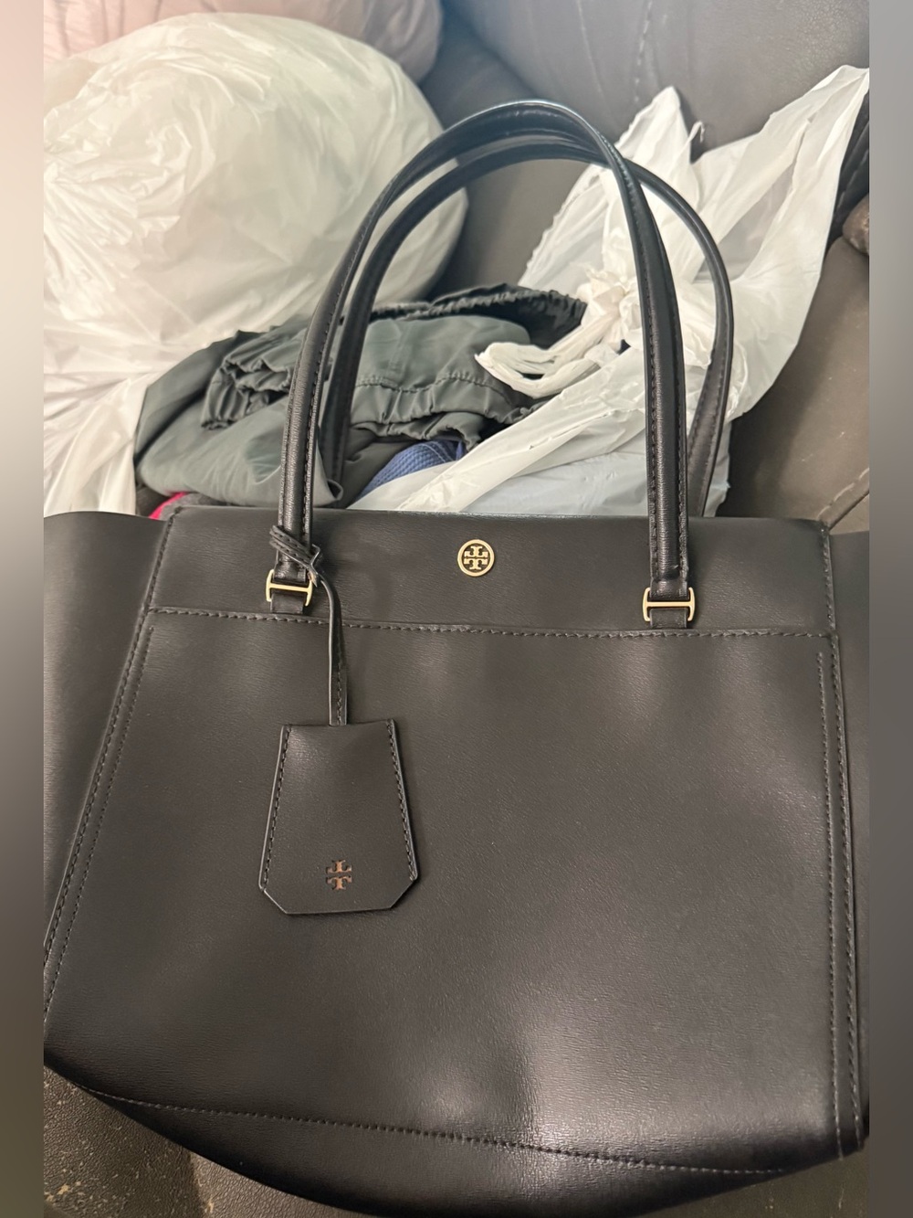 Parker Tory Burch Black Leather Structured Double-Handle Tote with Gold Logo